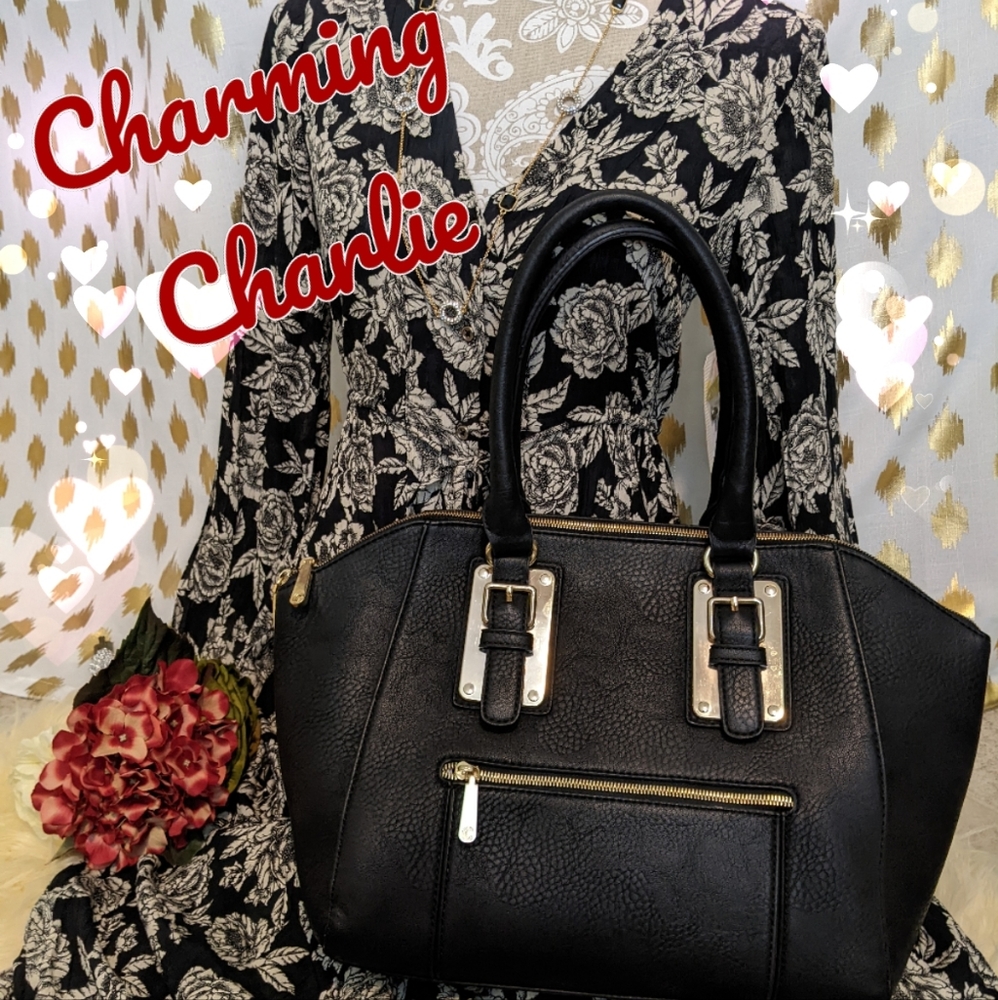 Charlie Charlie Vegan Leather Satchel Tote Black & Gold Handbag Carryall